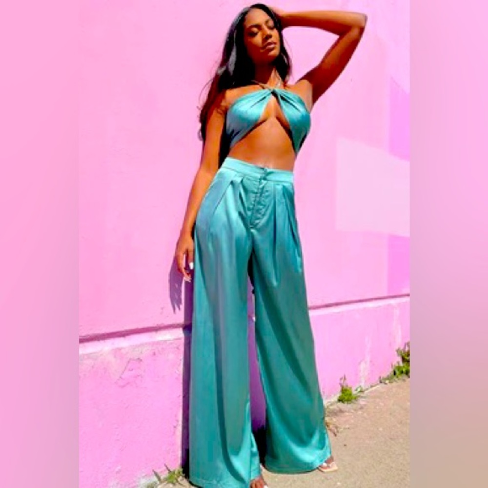 Two piece Satin Emerald Pant Set